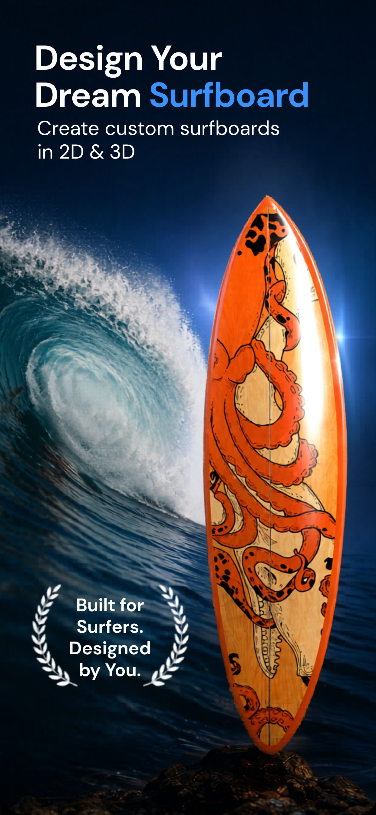 SurfShape app showing designing a custom surfboard in 2D and 3D