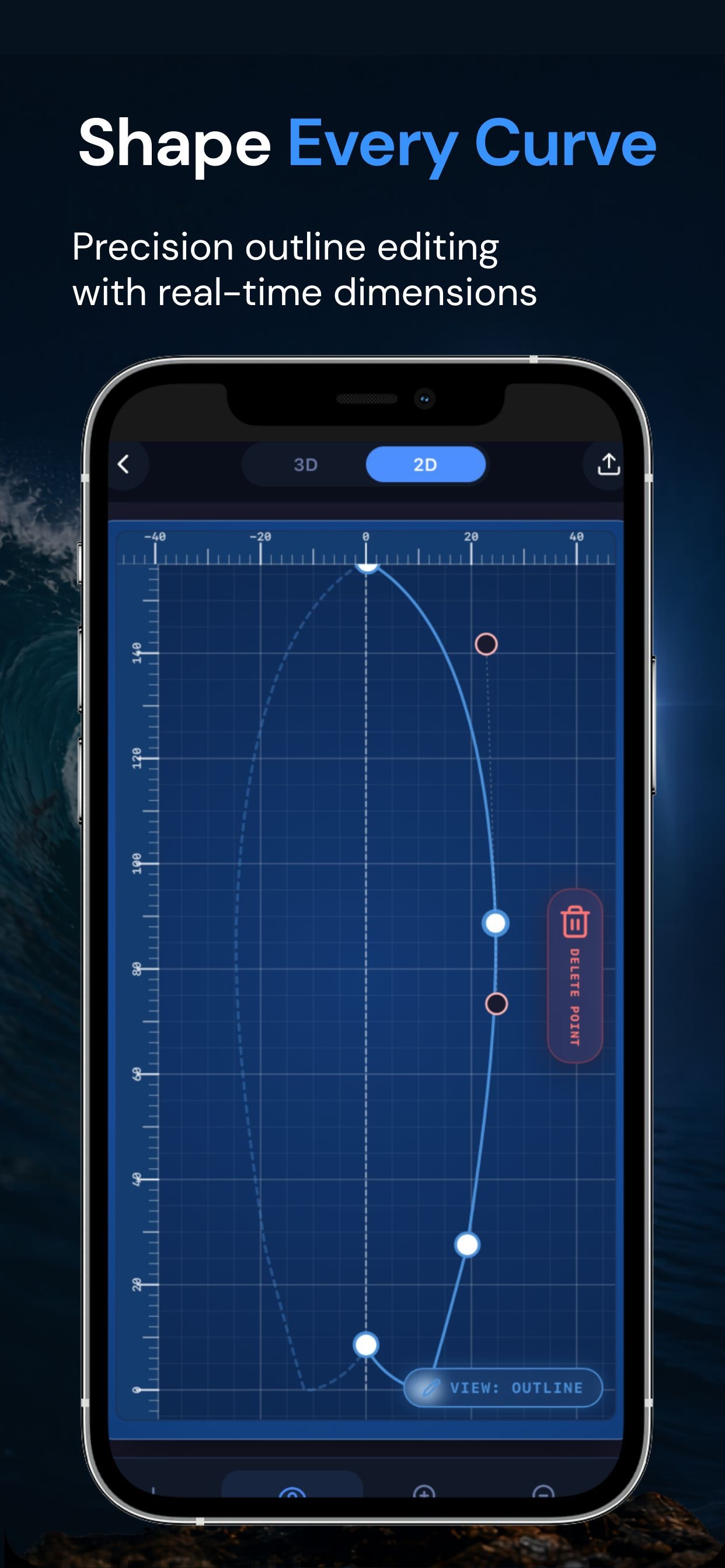SurfShape app showing precision outline curve editing with real-time dimensions