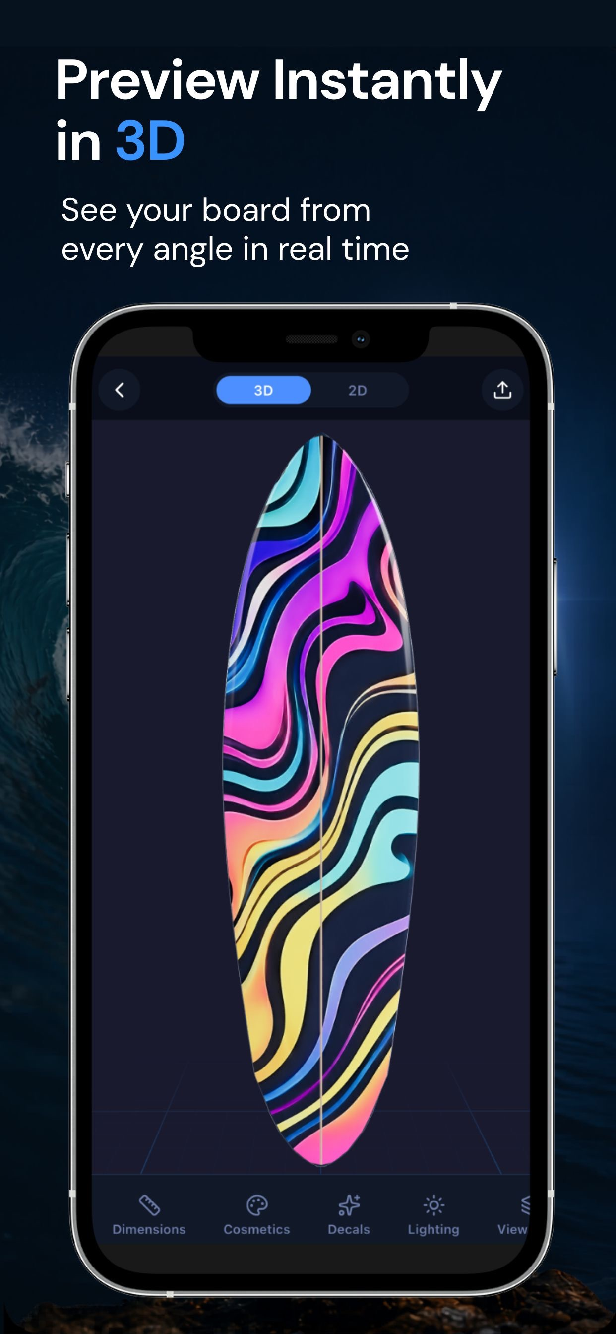 SurfShape app showing previewing a surfboard design in real-time 3D