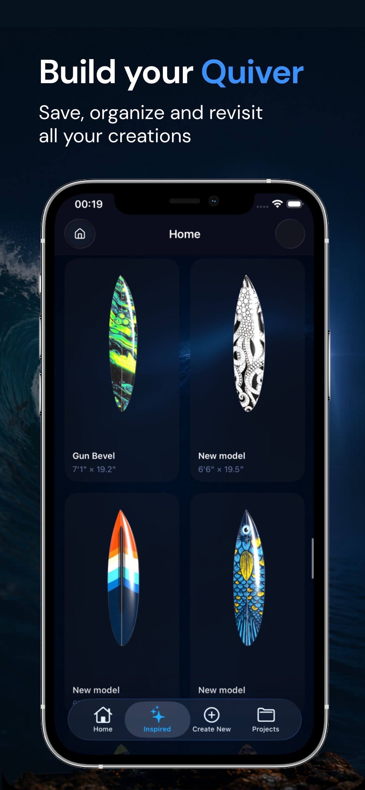 SurfShape app showing the saved board quiver of past creations